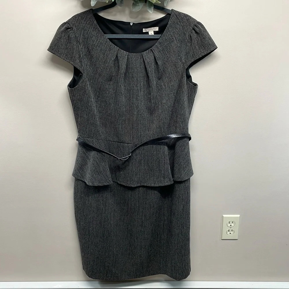 Dress Barn Charcoal Gray Cap Sleeve Peplum Belted Dress 16